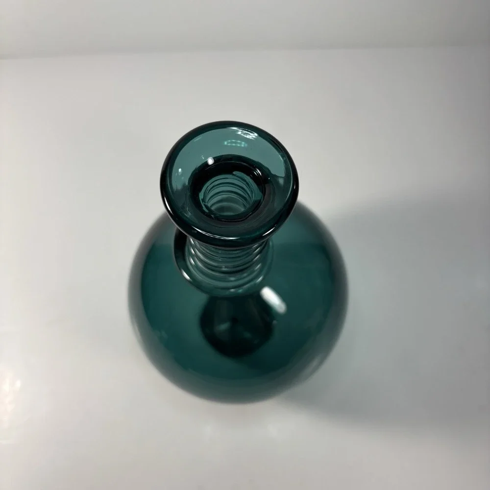 Blue Hand Blown Glass Vase with Coiling Spiral Swirl on the Stem 8.5